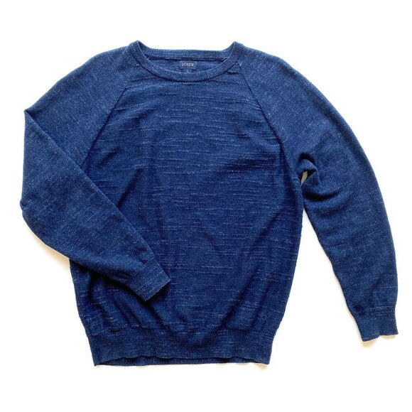 J.Crew Mens Cotton Navy Crewneck Sweater Size L Textured Raglan Sleeve Preppy - Picture 4 of 9